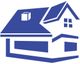 Blaues Symbol eines Hauses mit Schornstein und Fenstern.