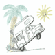 Wohnmobil fährt schräg, Palme und lachende Sonne im Hintergrund.
