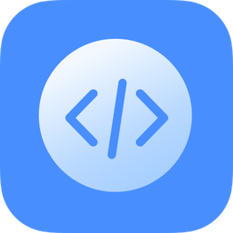 Icon showing coding symbols on a blue background.