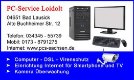 PC-Service-Anzeige mit Kontaktinfos, PC-Bild, Kamera, Dienstleistungen: Computer, DSL, Überwachung.