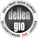 Logo für Dellengio: "Dellentechnik ohne Lackieren" auf grauem Hintergrund.