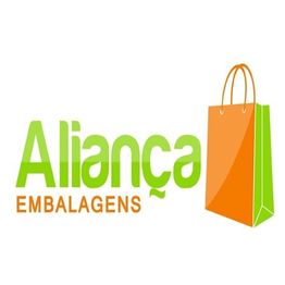 Logotipo "Aliança Embalagens" com sacola laranja e verde ao lado.