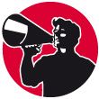 Silhouette einer Person mit Megafon vor einem roten Kreis.