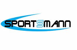 Logo mit dem Schriftzug "SPORTSMANN" in Schwarz und Blau, mit geschwungener blauer Linie.
