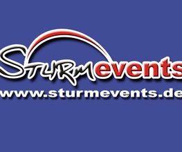 Logo mit Schriftzug "Sturmevents" und URL "www.sturmevents.de" auf blauem Hintergrund.