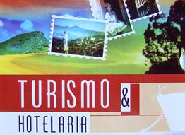 Cartão postal colorido com fotos de paisagens e texto "Turismo & Hotelaria".