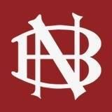 Logotipo com letras N e B entrelaçadas em branco, fundo vermelho.