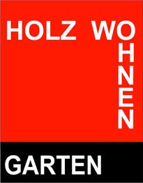 Rotes und schwarzes Schild mit den Wörtern "HOLZ WOHNEN GARTEN".