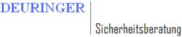 Textbild: "DEURINGER Sicherheitsberatung" in blauer und schwarzer Schrift mit Trennstrich.
