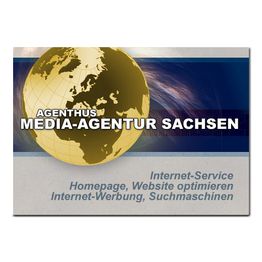 Goldene Weltkugel mit Text: "Media-Agentur Sachsen, Internet-Service, Websites optimieren".