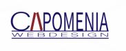 Logo mit dem Text "CAPOMENIA WEBDESIGN" in blauer Schrift, stilisiertes rotes A im Wort.