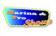 Blaues Schild mit gelben Lichtern, Text: "Marina & Yvo Shows" in verschiedenen Farben und Schriftarten.