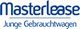 Logo mit dem Text "Masterlease Junge Gebrauchtwagen" in blauer Schrift auf weißem Hintergrund.