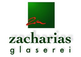 Grünes Quadrat mit rotem Logo, darunter der Text "zacharias glaserei" in grüner Schrift.