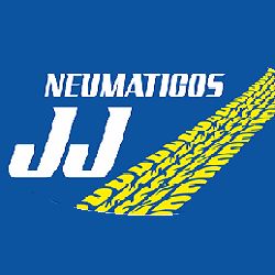 Logo de "Neumáticos JJ" con huella de neumático amarilla sobre fondo azul.