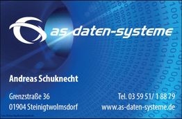 Geschäftskarte von "as daten-systeme" mit Kontaktdaten und Logo auf blauem Hintergrund.