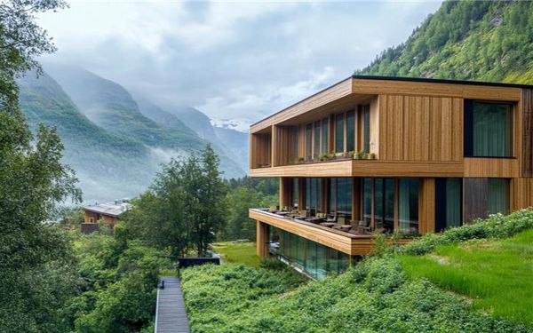 Hotel mit einer hölzernen Außenfasse in einer ruhigen natürlichen Umgebung vor einer Bergkulisse.