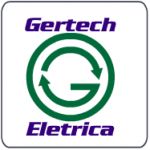 Logotipo com "Gertech Elétrica", letras roxas e símbolo verde.