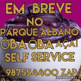 Tigela de açaí com texto promocional sobre nova loja Ôba Ôba Açaí no Parque Albano.
