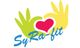 Logo mit grüner und gelber Hand um ein rotes Herz, darunter Text: "SyRa-fit".