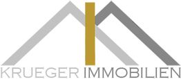 Logo mit zwei grauen Dächern und dem Text "Krueger Immobilien" in Grau und Gold.