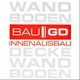 Logo mit rotem Hintergrund: "BAU GD Innenausbau". Grauer Text: "Wand Boden Decke Wand Boden".