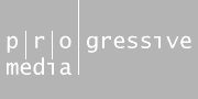 Graues Logo mit weißem Text: "progressive media" mit vertikaler Linie zwischen "pro" und "gressive".