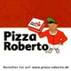 Illustration von Pizza Roberto mit Cartoon-Figur und Website-Aufruf zum Bestellen.