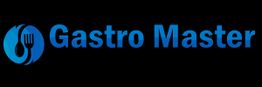 Logo mit blauem Schriftzug "Gastro Master" und Bestecksymbol auf schwarzem Hintergrund.