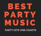 Text: "BEST PARTY MUSIC. PARTY HITS UND CHARTS" auf schwarzem Hintergrund in Orange und Grau.
