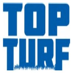 Blue "TOP TURF" logo with grass pattern at the bottom of the letters.