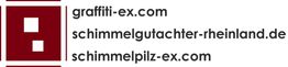 Roter Block mit weißen Elementen, daneben drei Webadressen: graffiti-ex, schimmelgutachter, schimmelpilz-ex.