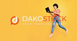 Junge Frau springt mit Laptop vor gelbem Hintergrund. Text: DAKOSTOCK, Your Template Market.