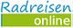 Der Text "Radreisen online" in blau und weiß auf grünem Hintergrund.