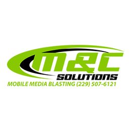 Green and black logo for M&C Solutions with contact info for mobile media blasting services.