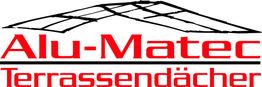 Alu-Matec Logo mit roter Schrift und stilisiertem Terrassendach-Symbol.