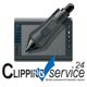 Grafiktablett und Stift, darunter Text: "Clipping Service 24 - Bilder preiswert freistellen lassen".