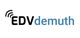 Logo mit dem Text "EDVdemuth" in Schwarz und Blau mit WLAN-Symbol links.