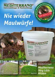 Eimer Mediterrano Dünger, Maulwurf, Rasen "Nie wieder Maulwürfe!", vorher/nachher Vergleich.