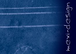 Blaues Texturbild mit weißen Linien und vertikalem Text "mexi-design" rechts.