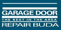 "Logo: Garage Door Repair Buda - The Best in the Area on blue background."