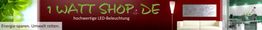1 WATT SHOP.DE Banner mit LED-Beleuchtung, grünen Blättern und modernem Wohnzimmersetting.