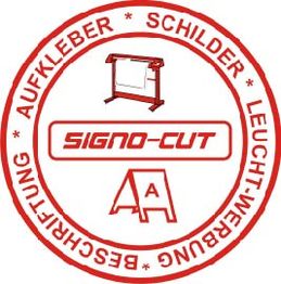 Rotes Signo-Cut-Logo mit Drucker, Aufkleber, Schilder, Leuchtwerbung, Beschriftung genannt.