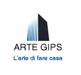 Logo di Arte Gips con testo "L'arte di fare casa" e grafica astratta di un edificio blu e nero.