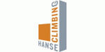 Logo aus blauen und orangen Buchstaben "HANSE CLIMBING" in Form eines Kletterturms.