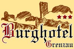 Illustration einer Burg mit dem Schriftzug "Burghotel Grenzau" und drei Sternen.