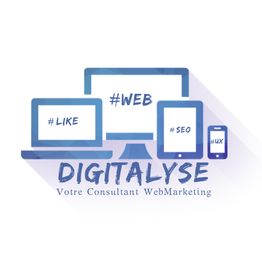 Ordinateurs et mobile affichant #Like, #Web, #SEO, #UX. Texte: Digitalyse, Consultant WebMarketing.