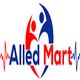 Logo with red and blue stylized figures forming a heart above the text "Allied Mart" with ECG lines.