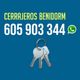 Texto "Cerrajeros Benidorm", número de teléfono, icono de WhatsApp y llaves en fondo azul.