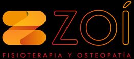 Logotipo de Zoí Fisioterapia y Osteopatía en tonos naranja y rojo sobre fondo negro.